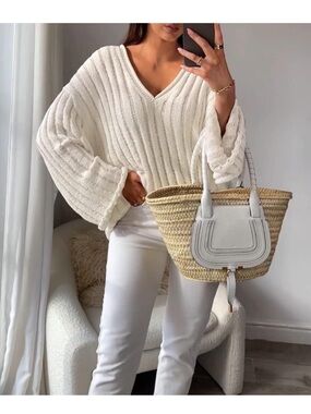 Cream V-Neck Cable Knit Sweater